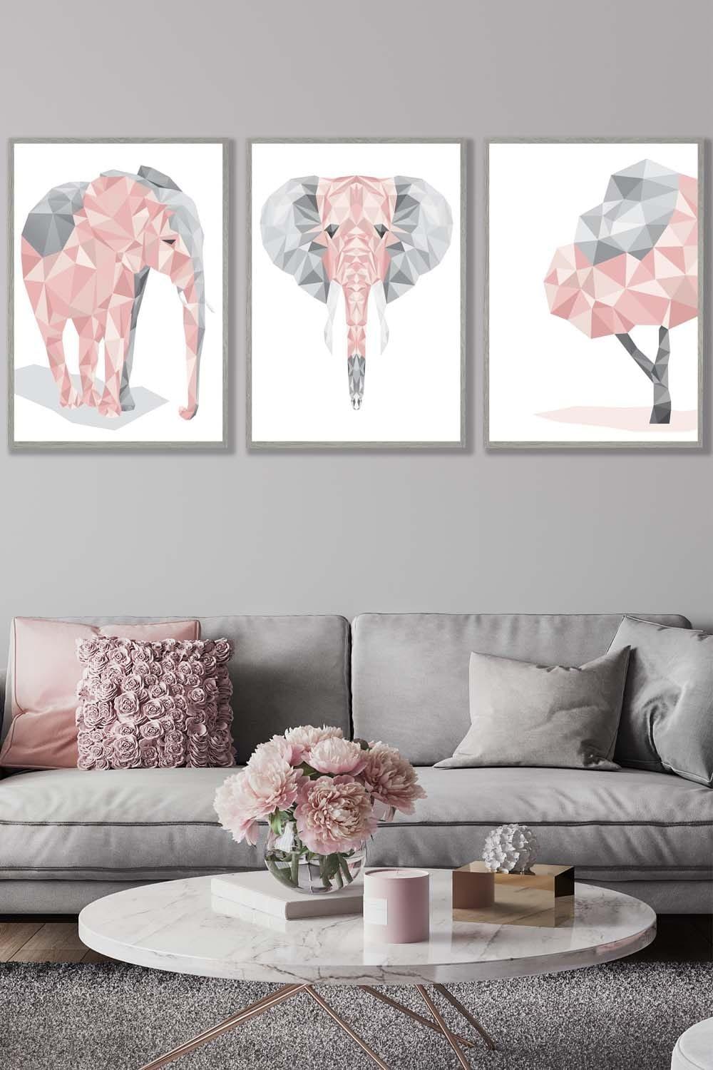 Geometric Pink Grey Elephant Set Framed Wall Art - Large